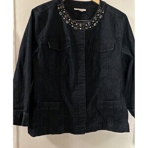 JM Collection dark blue denim beaded cotton blend 3/4 sleeve jacket SZ Back Yoke